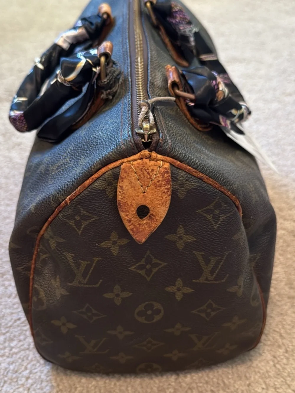 Louis Vuitton speedy 30 Monogram Tote with Black Scarf-Wrapped Handles